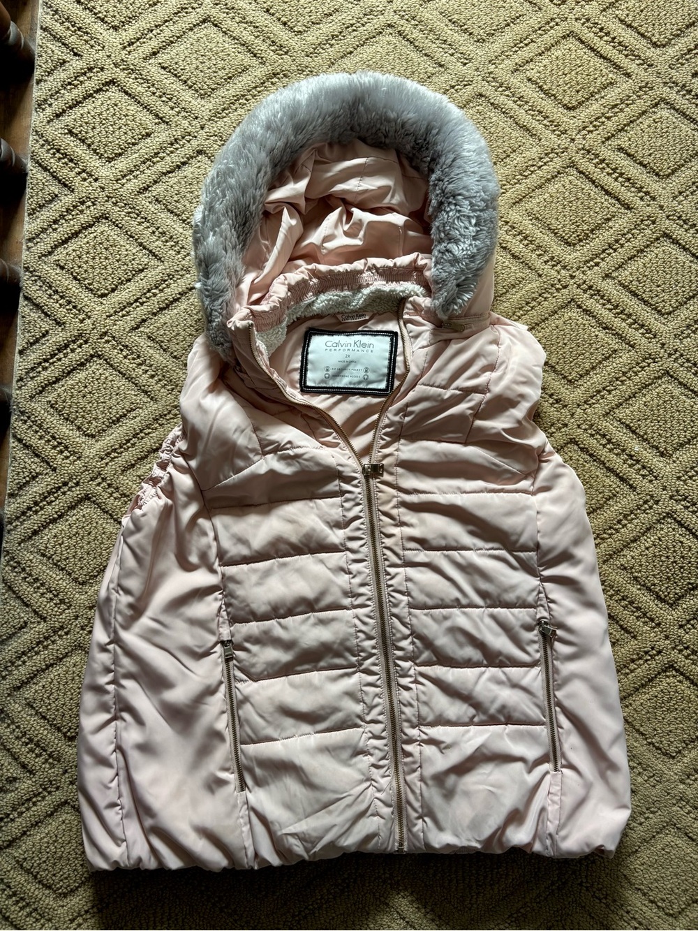 Calvin Klein Pink Puffer Jacket with Faux Fur Hood